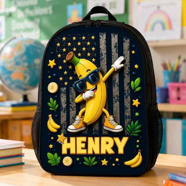 Personalized Kids School Backpack, Strawberry & Banana Cartoon Design, Unique Creative Gift for Kids - Image 3