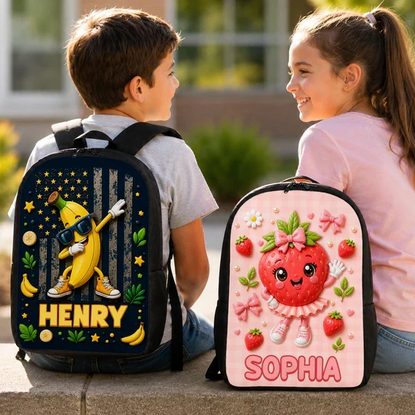 Personalized Kids School Backpack, Strawberry & Banana Cartoon Design, Unique Creative Gift for Kids - Image 4