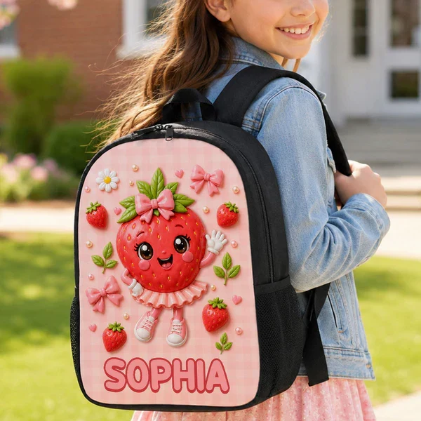 Personalized Kids School Backpack, Strawberry & Banana Cartoon Design, Unique Creative Gift for Kids - Image 5