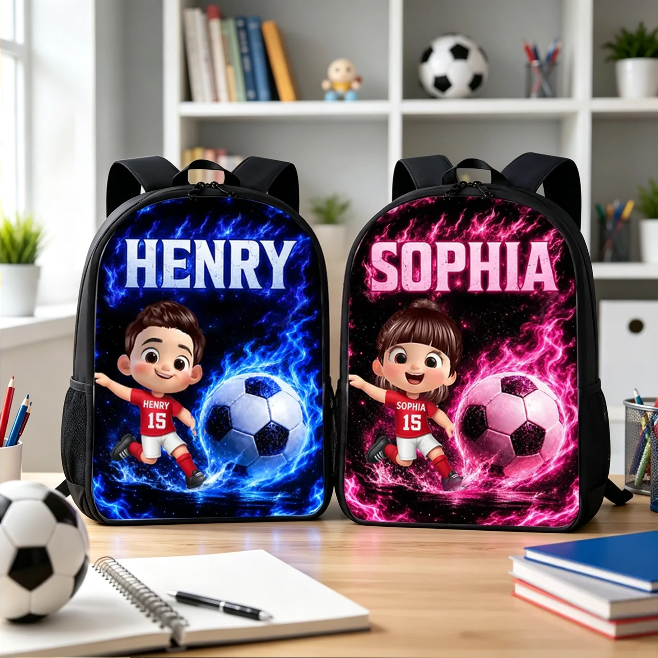 Personalized Kids School Backpack, Soccer Cartoon Design, Unique Back to School Gift for Son or Daughter