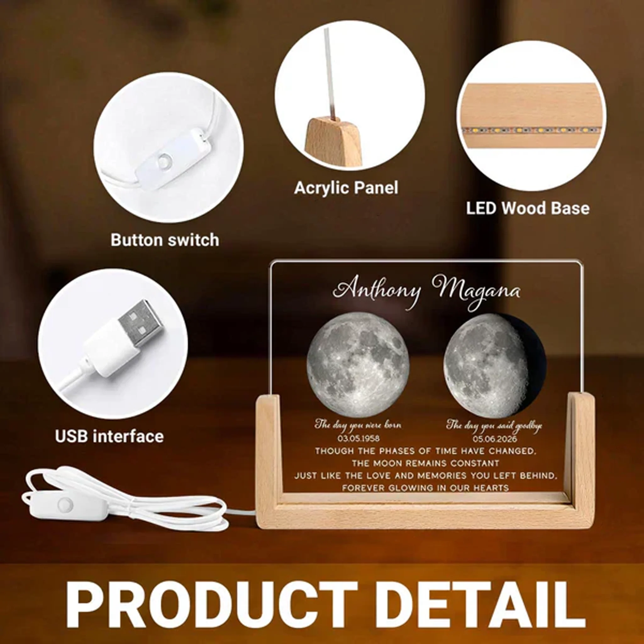 Personalized LED Light Frame with Moon Phase Memorial Art, Unique Sympathy Gift for Family Keepsake - Image 4