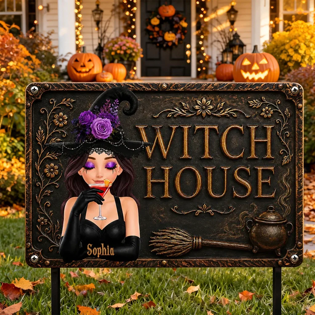Personalized Rectangular Iron Sign, Witch Sipping Cocktail Halloween Decor, Unique Gift For Witchy Women