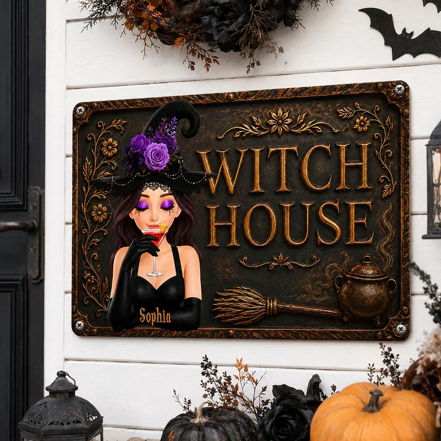 Personalized Rectangular Iron Sign, Witch Sipping Cocktail Halloween Decor, Unique Gift For Witchy Women - Image 3