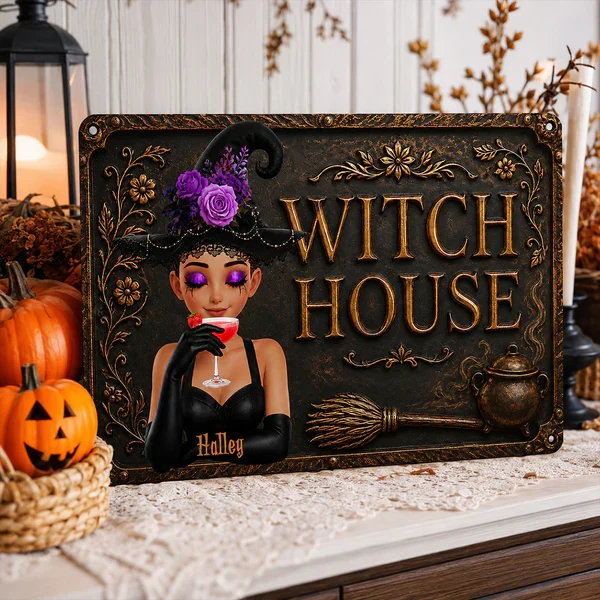 Personalized Rectangular Iron Sign, Witch Sipping Cocktail Halloween Decor, Unique Gift For Witchy Women - Image 5