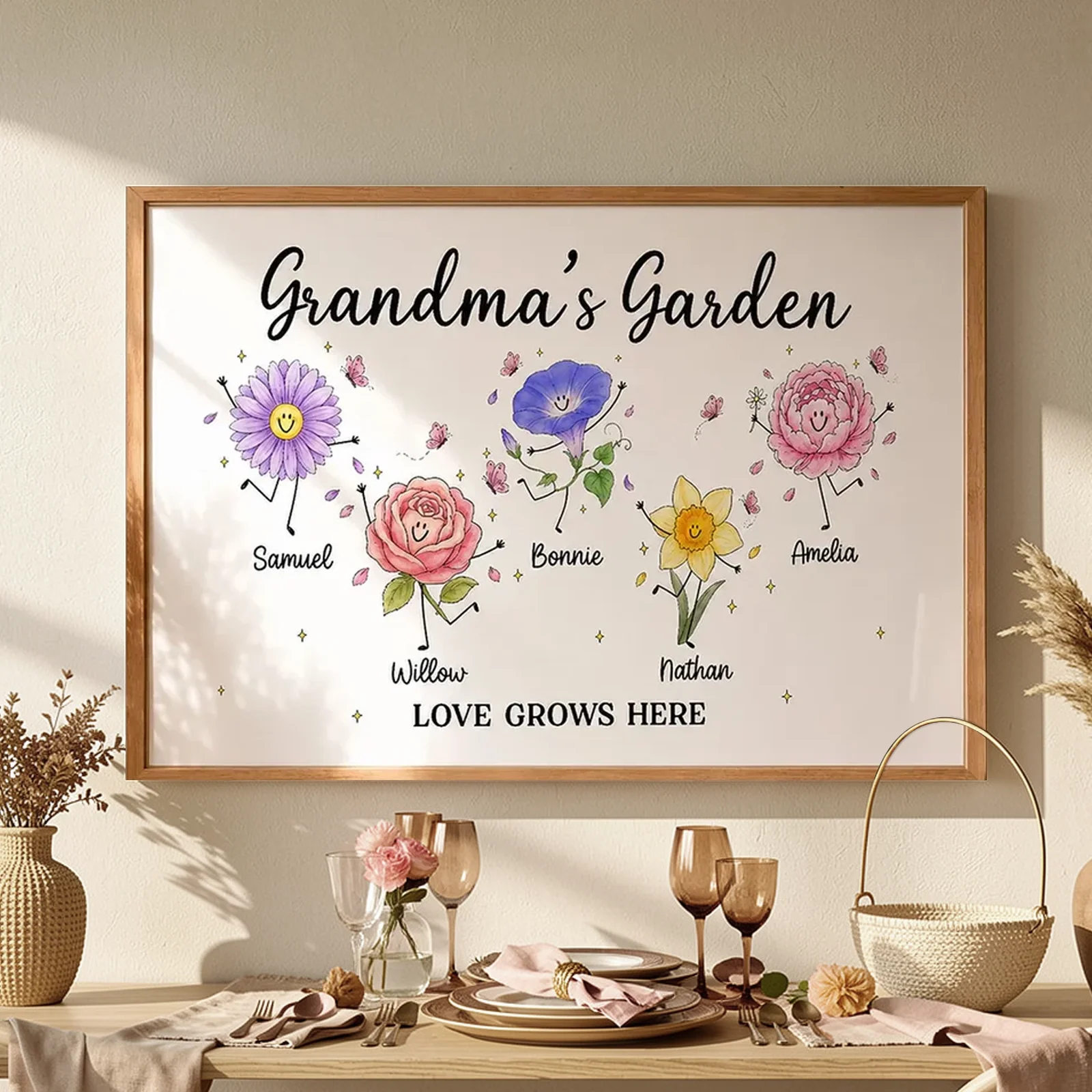Personalized Grandma's Garden Canvas With Soft Floral Doodles, Unique Gift For Grandma & Home Decor