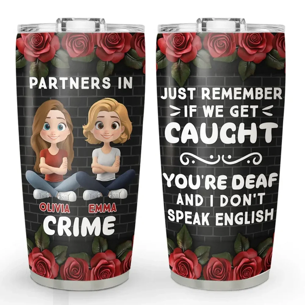 Personalized Insulated Travel Tumbler, Cartoon Friend Partners in Crime Unique Creative Gift