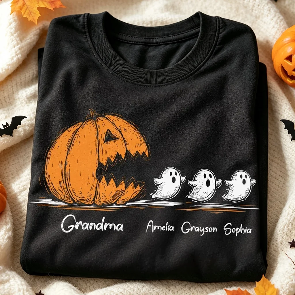 Personalized Grandma Classic Tee, Pumpkin Chasing Ghosts, Unique Halloween Gift for Family