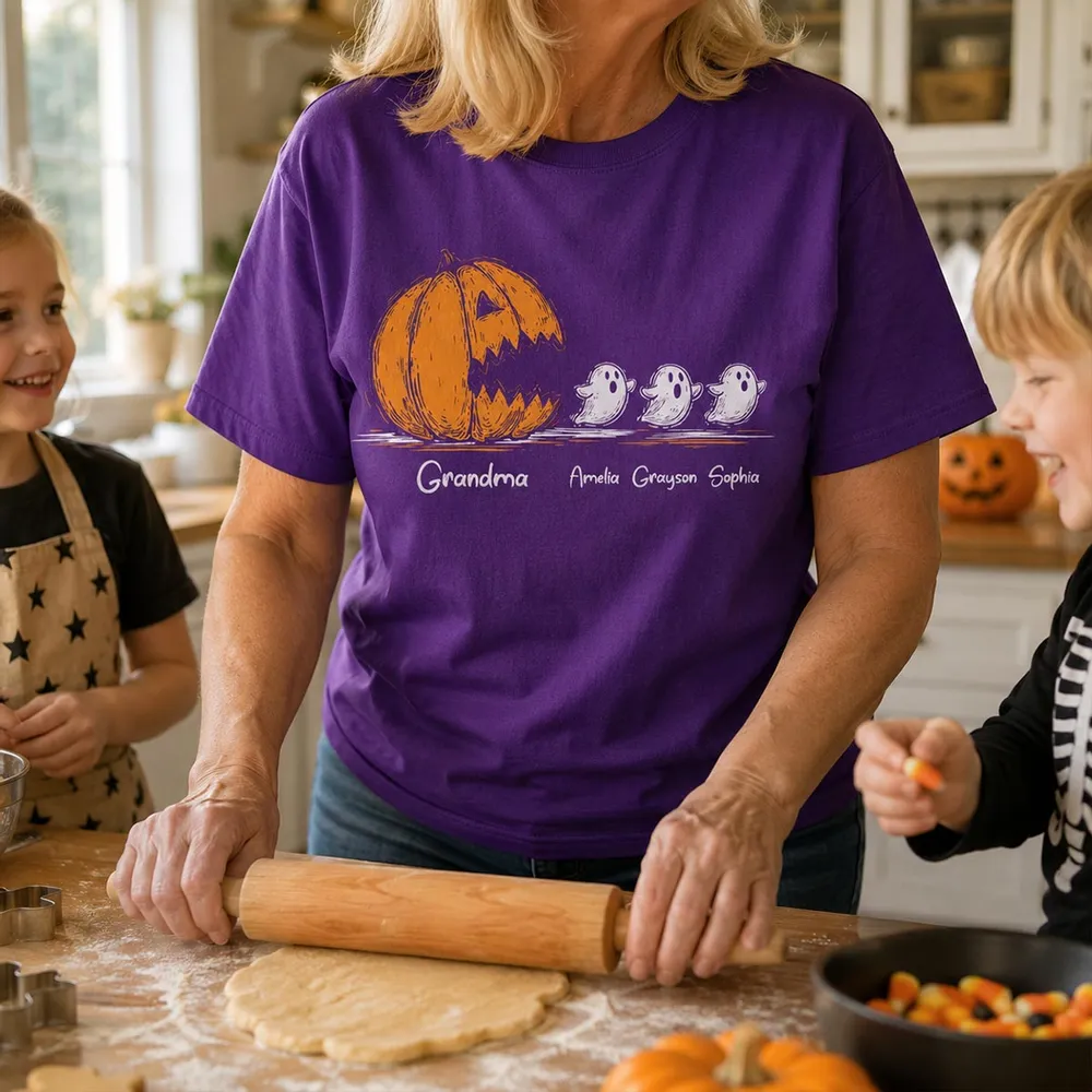 Personalized Grandma Classic Tee, Pumpkin Chasing Ghosts, Unique Halloween Gift for Family - Image 2