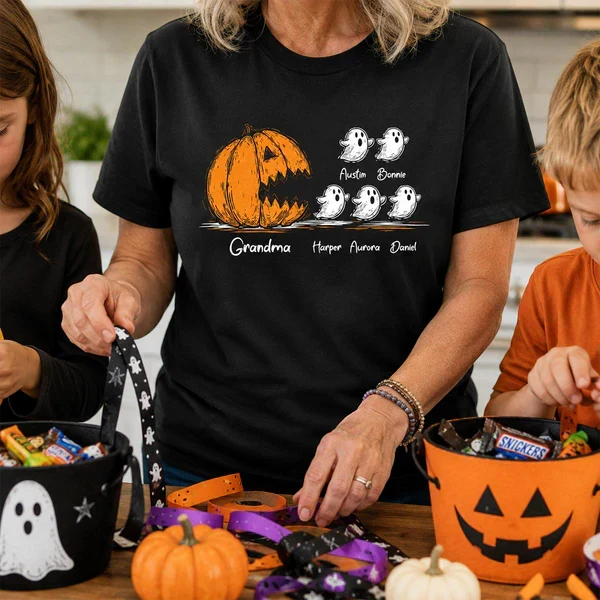 Personalized Grandma Classic Tee, Pumpkin Chasing Ghosts, Unique Halloween Gift for Family - Image 3