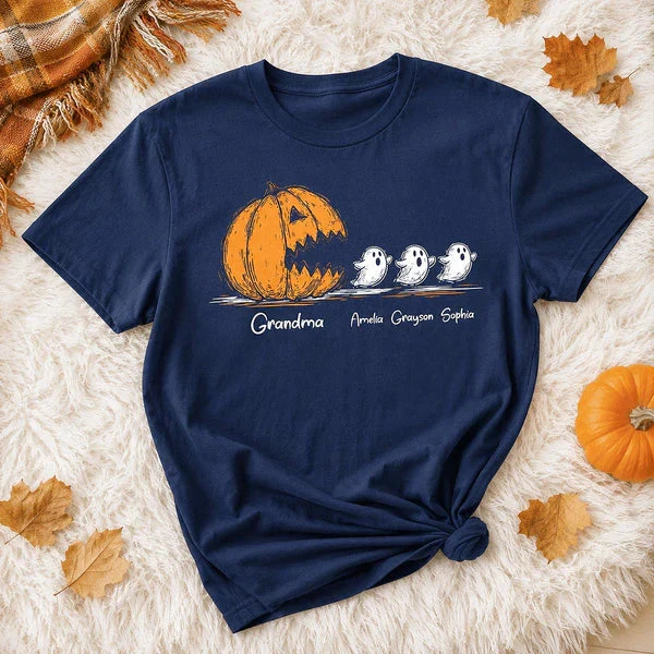 Personalized Grandma Classic Tee, Pumpkin Chasing Ghosts, Unique Halloween Gift for Family - Image 4