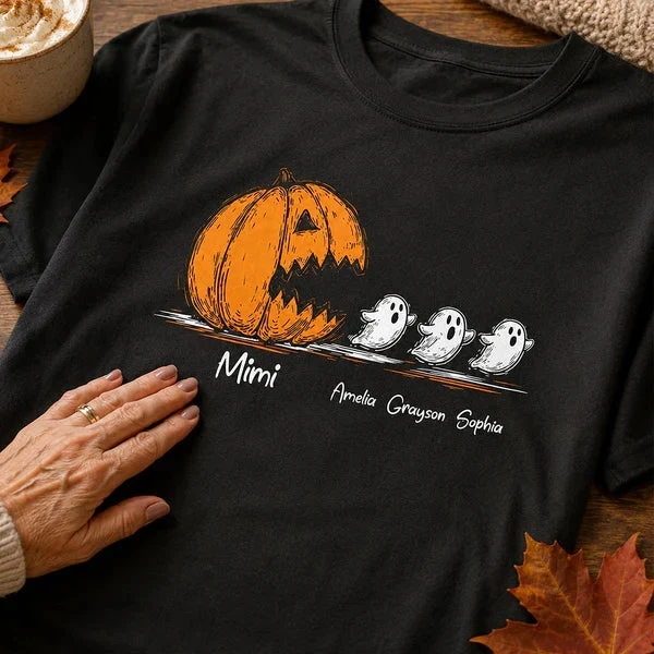 Personalized Grandma Classic Tee, Pumpkin Chasing Ghosts, Unique Halloween Gift for Family - Image 5