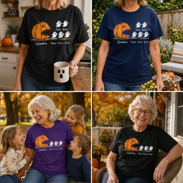 Personalized Grandma Classic Tee, Pumpkin Chasing Ghosts, Unique Halloween Gift for Family - Image 6