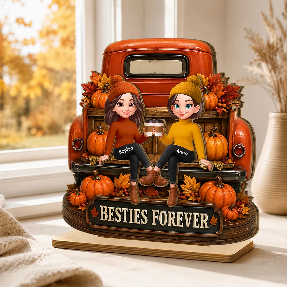 Personalized 2-Layer Wooden Plaque, Fall Truck Besties Forever, Unique Gift for Friend - Image 2
