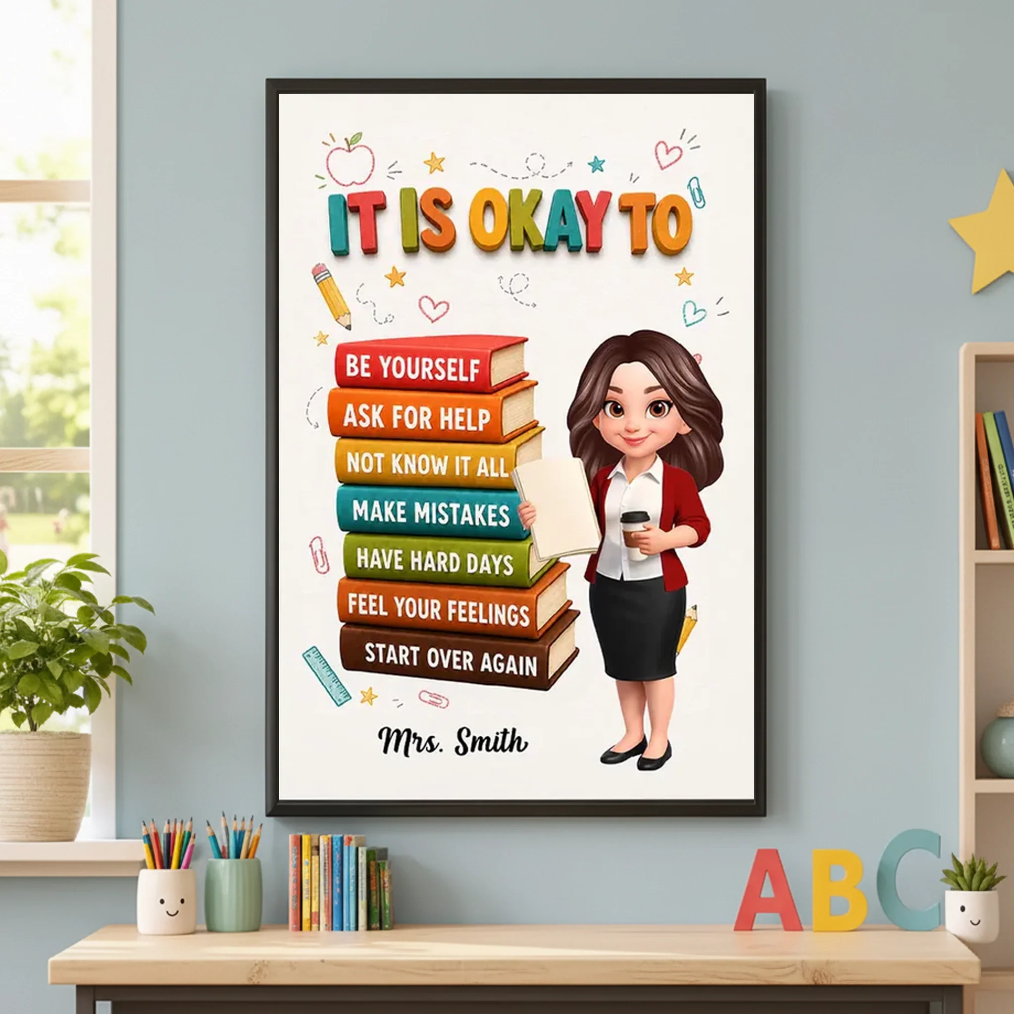 Personalized Canvas with Colorful Teacher Illustration, Classroom Calm Corner Unique Gift