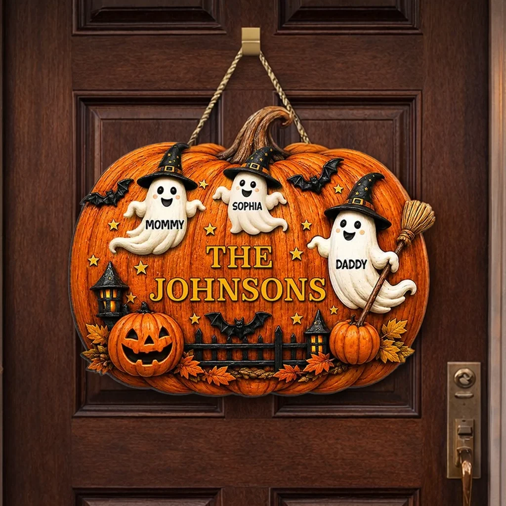 Personalized Wooden Sign With Cute Ghost Family & Pumpkin Decor, Unique Creative Gift For Family