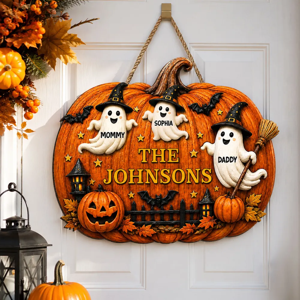 Personalized Wooden Sign With Cute Ghost Family & Pumpkin Decor, Unique Creative Gift For Family - Image 2