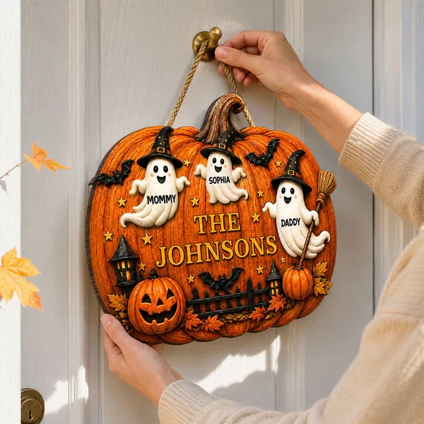 Personalized Wooden Sign With Cute Ghost Family & Pumpkin Decor, Unique Creative Gift For Family - Image 3