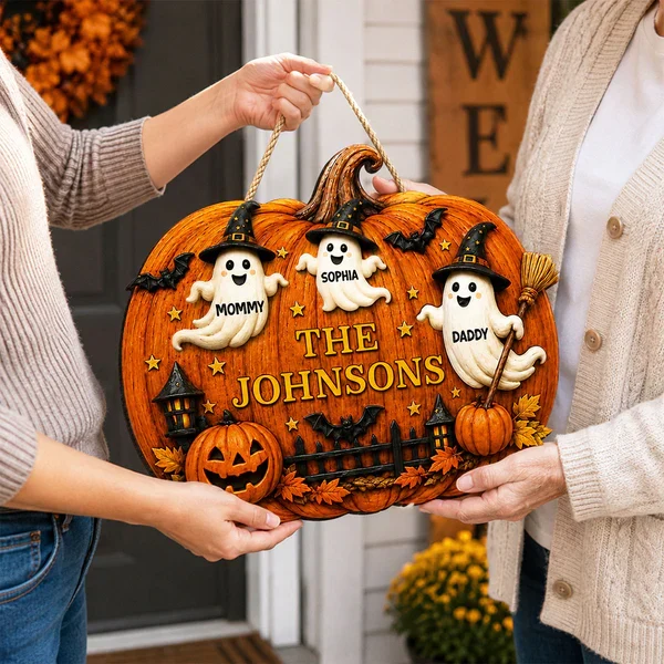 Personalized Wooden Sign With Cute Ghost Family & Pumpkin Decor, Unique Creative Gift For Family - Image 5