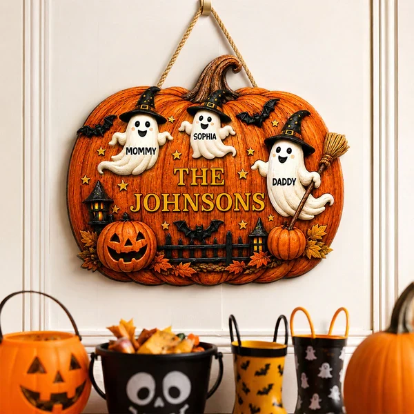 Personalized Wooden Sign With Cute Ghost Family & Pumpkin Decor, Unique Creative Gift For Family - Image 6