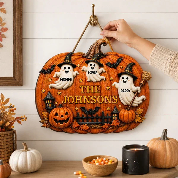 Personalized Wooden Sign With Cute Ghost Family & Pumpkin Decor, Unique Creative Gift For Family - Image 7