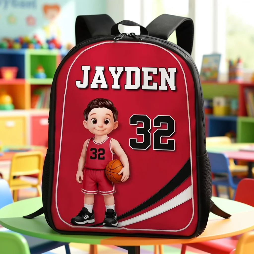 Kids School Backpack with Cute Basketball Player Art, Personalized Unique Creative Gift for School & Daycare