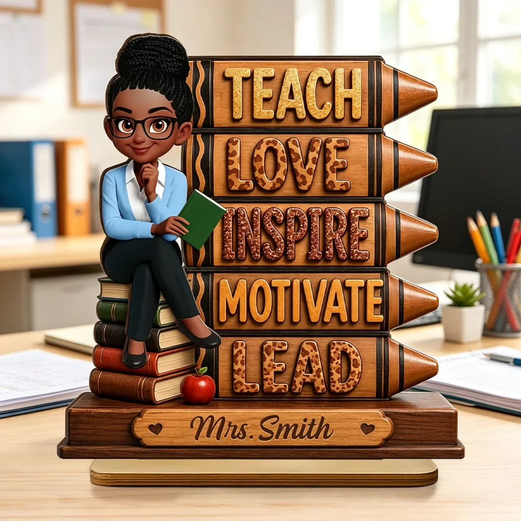 Personalized 2-Layer Wooden Plaque for Teacher, Teach Love Inspire Motivate Lead, Unique Classroom Gift
