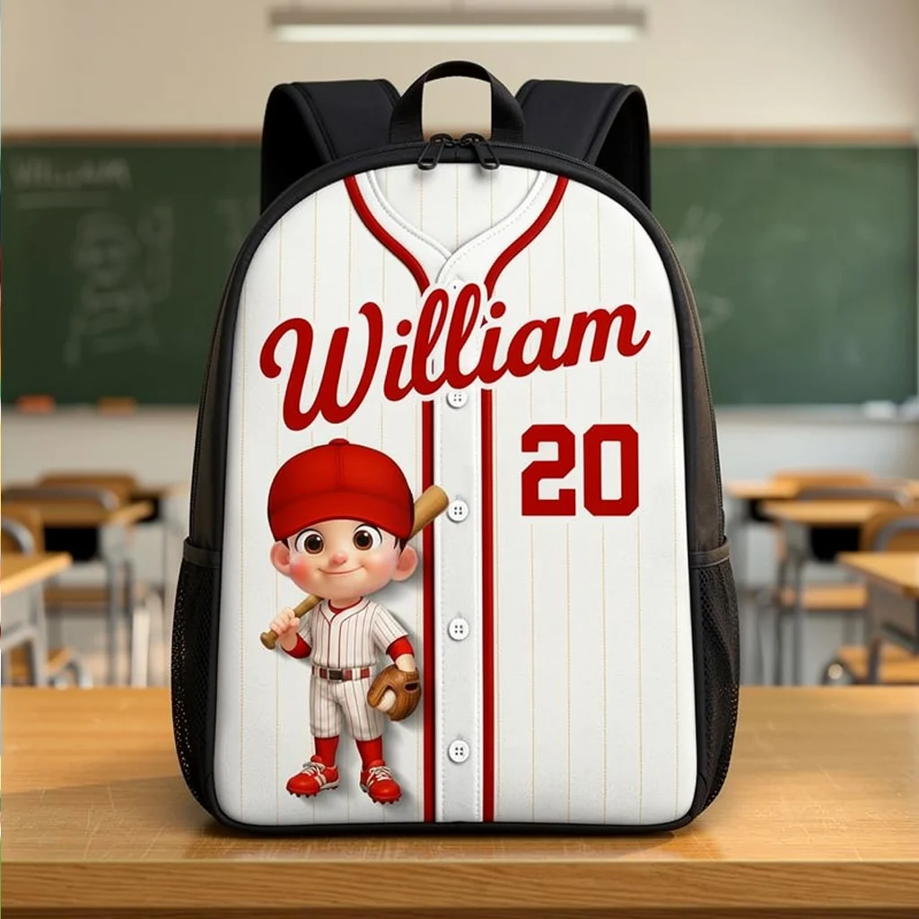 Personalized Kids School Backpack, Baseball Jersey & Bat Design, Unique Gift for Young Players