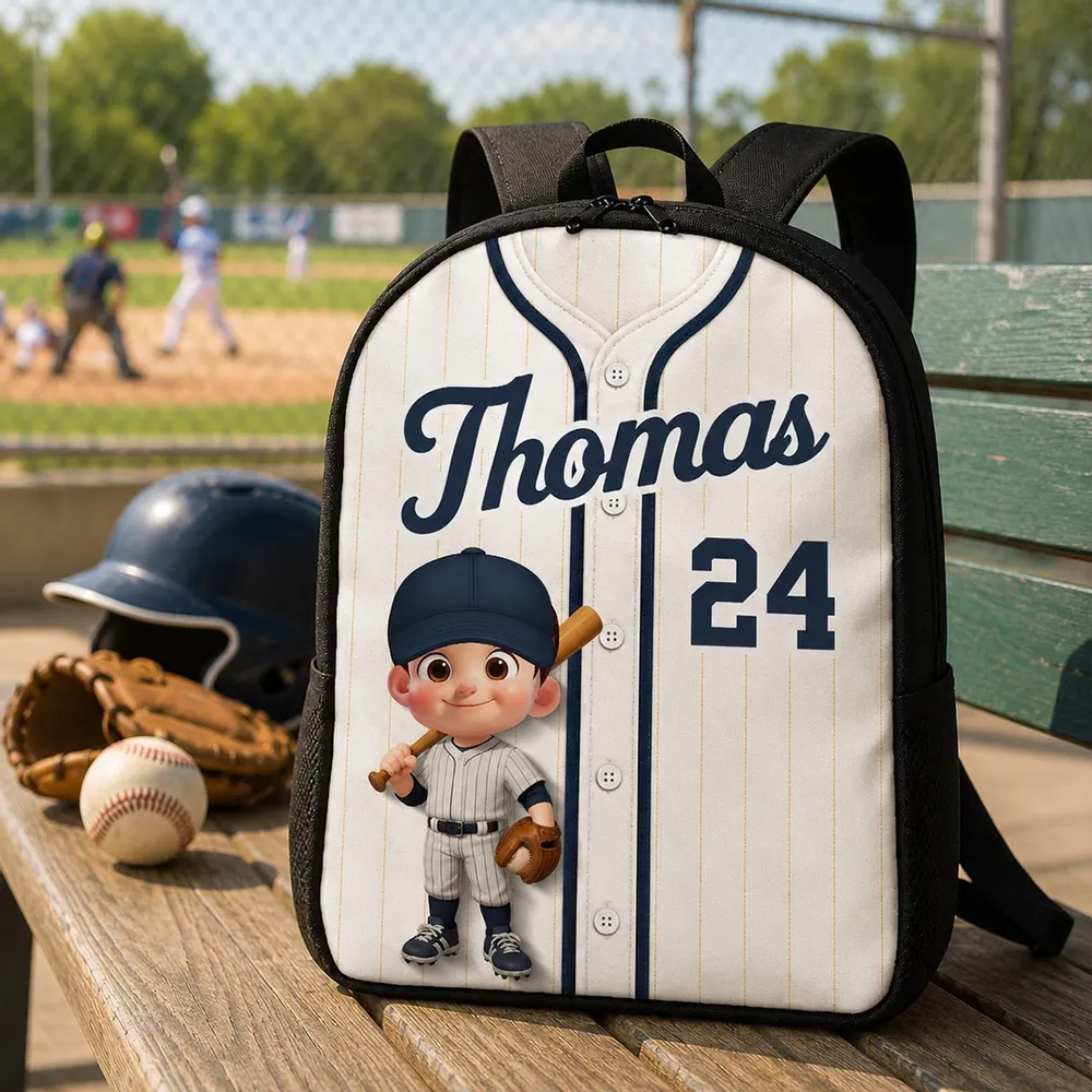 Personalized Kids School Backpack, Baseball Jersey & Bat Design, Unique Gift for Young Players - Image 3
