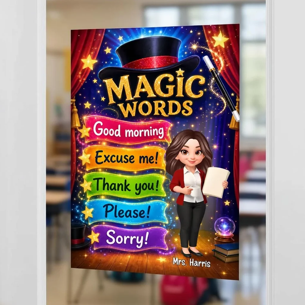 Personalized Magic Words Canvas, Standing Cartoon Teacher, Unique Gift for Classroom Decor