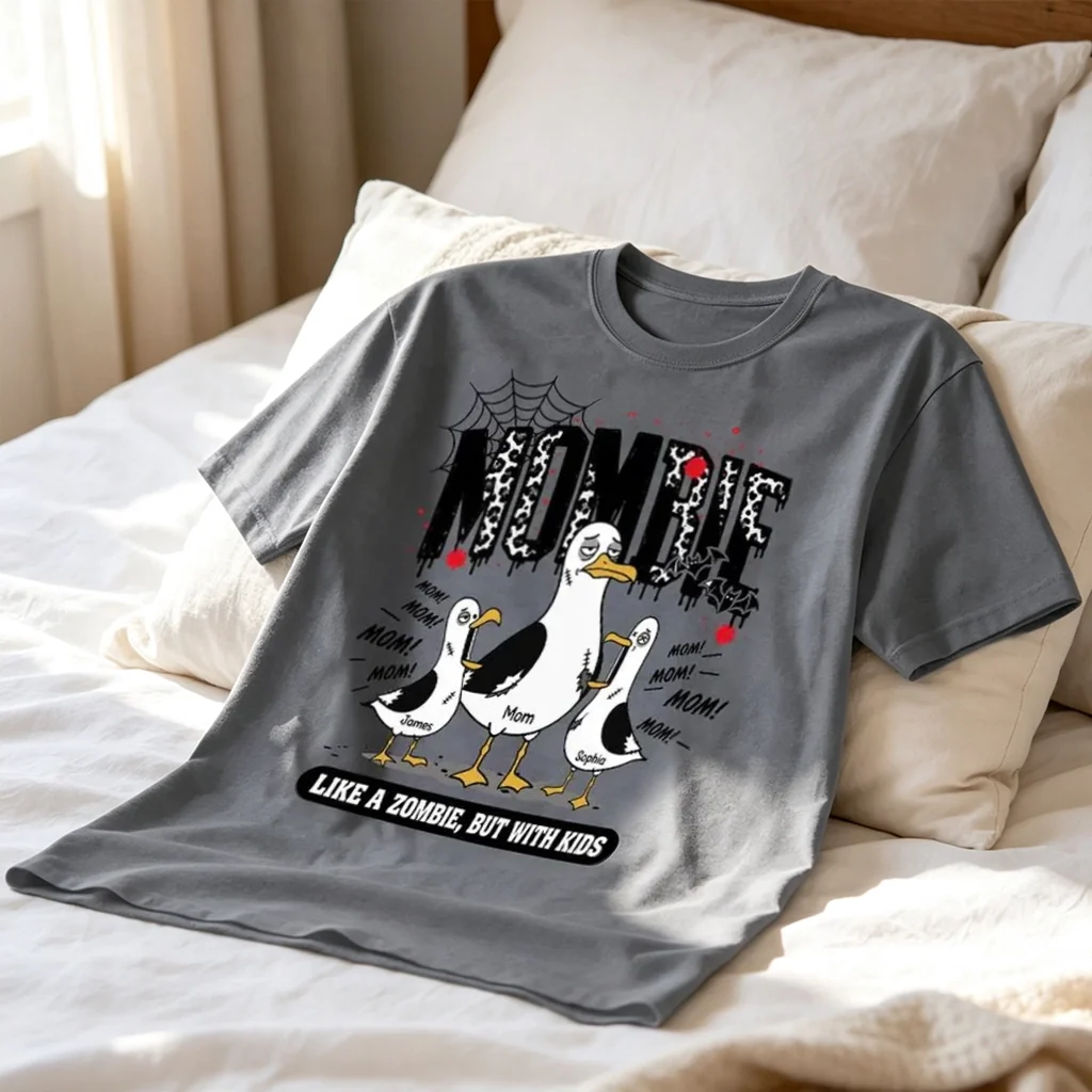 Personalized Classic Tee with Mombie Goose Art, Spiderweb Halloween Style, Unique Gift for Mom