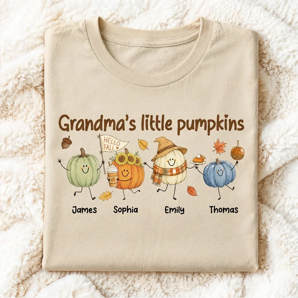 Personalized Grandma's Little Pumpkins Classic Tee, Cute Fall Pumpkin Characters, Unique Gift for Grandma