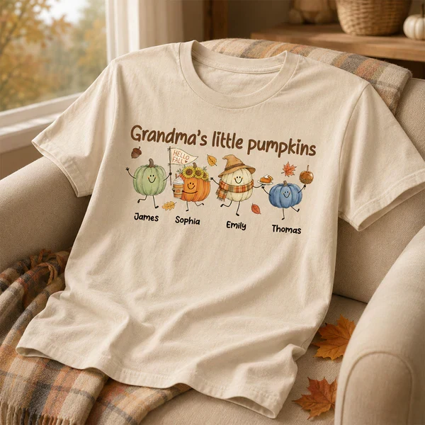 Personalized Grandma's Little Pumpkins Classic Tee, Cute Fall Pumpkin Characters, Unique Gift for Grandma - Image 3