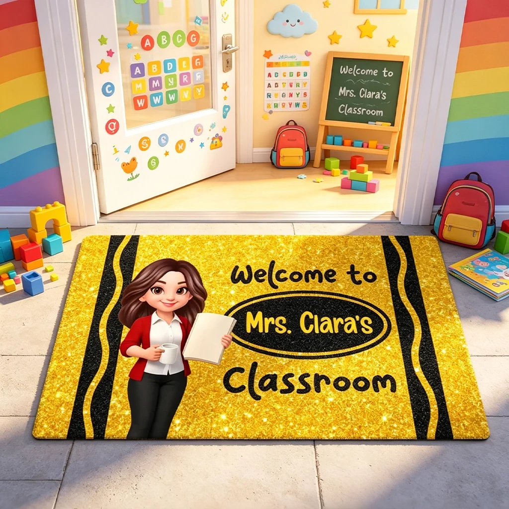 Standard Doormat, Classroom Welcome with Cartoon Teacher Holding Book, Creative Gift for Teacher Entryway