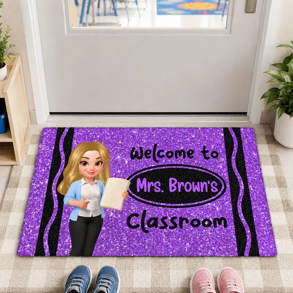 Standard Doormat, Classroom Welcome with Cartoon Teacher Holding Book, Creative Gift for Teacher Entryway - Image 2