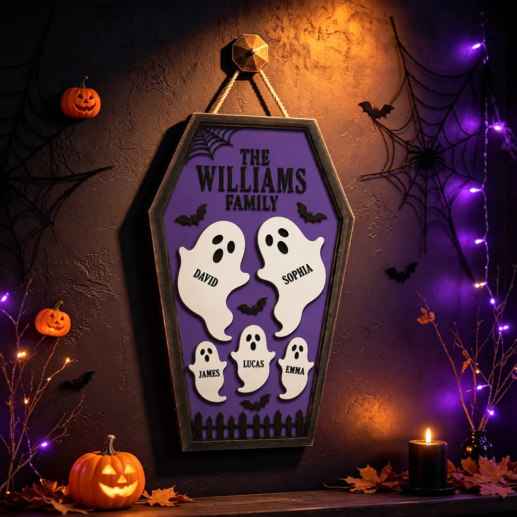 Personalized Ghost Family Wooden Sign, Purple Coffin Halloween Decor, Unique Gift for Family