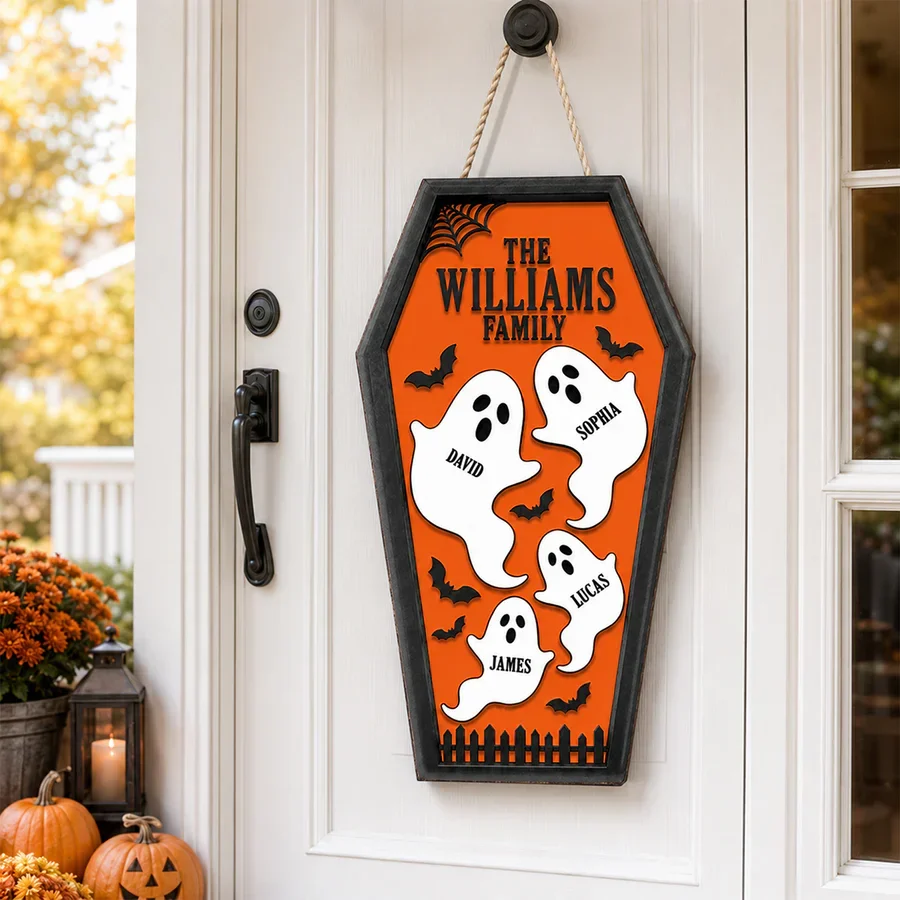 Personalized Ghost Family Wooden Sign, Purple Coffin Halloween Decor, Unique Gift for Family - Image 3