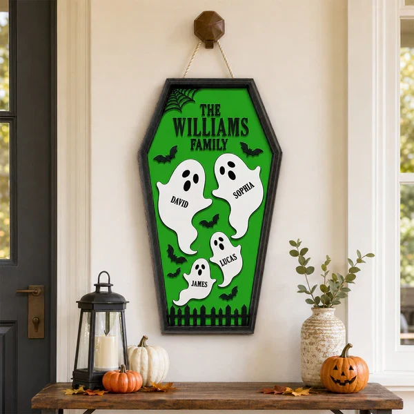 Personalized Ghost Family Wooden Sign, Purple Coffin Halloween Decor, Unique Gift for Family - Image 6