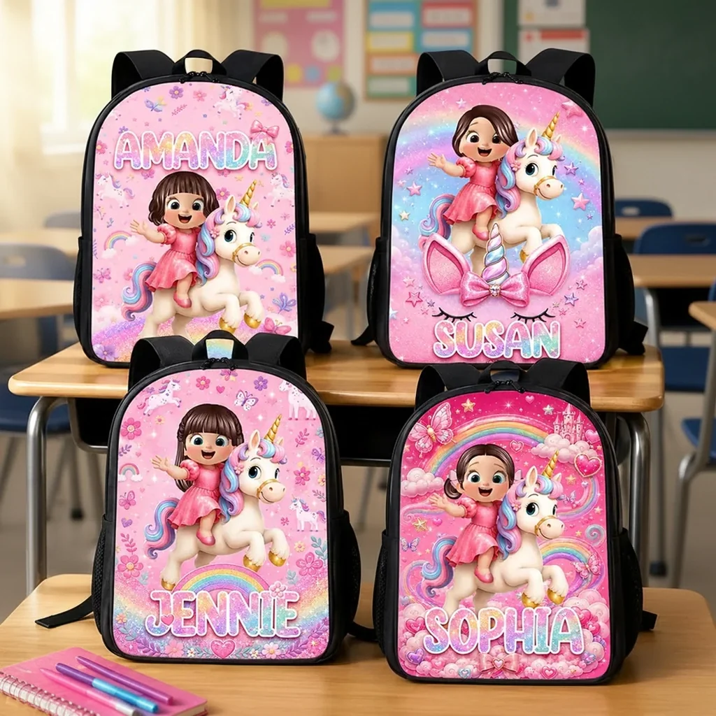 Personalized Kids School Backpack, Girl Riding Unicorn Design, Unique Creative Gift for Girls