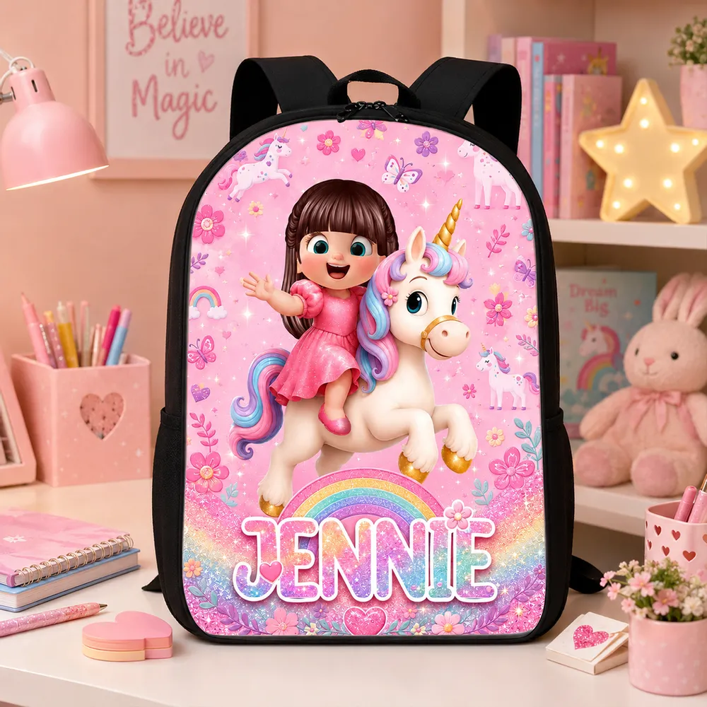 Personalized Kids School Backpack, Girl Riding Unicorn Design, Unique Creative Gift for Girls - Image 2