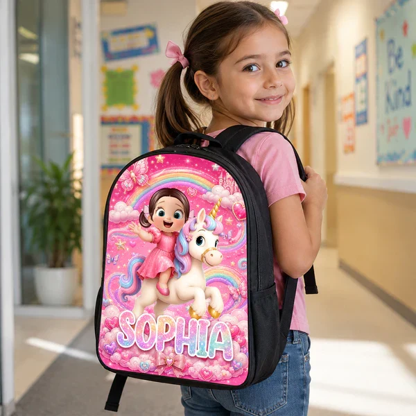 Personalized Kids School Backpack, Girl Riding Unicorn Design, Unique Creative Gift for Girls - Image 3