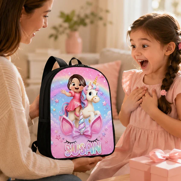 Personalized Kids School Backpack, Girl Riding Unicorn Design, Unique Creative Gift for Girls - Image 4