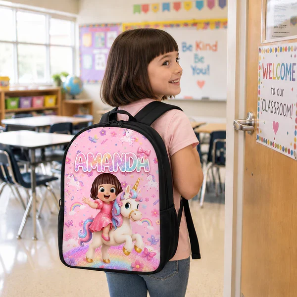 Personalized Kids School Backpack, Girl Riding Unicorn Design, Unique Creative Gift for Girls - Image 5