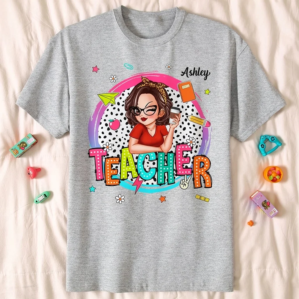 Personalized Classic Tee, Cartoon Teacher With Apple & Pencil, Unique Teacher Gift for Back to School