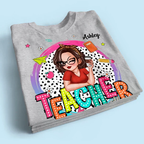 Personalized Classic Tee, Cartoon Teacher With Apple & Pencil, Unique Teacher Gift for Back to School - Image 2