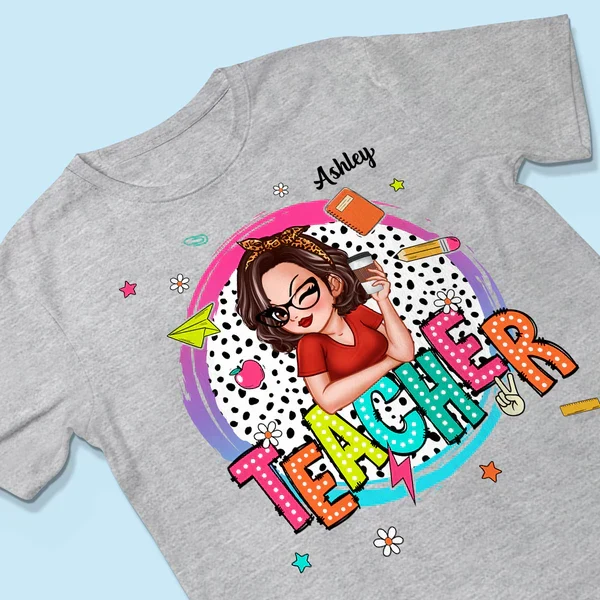Personalized Classic Tee, Cartoon Teacher With Apple & Pencil, Unique Teacher Gift for Back to School - Image 3