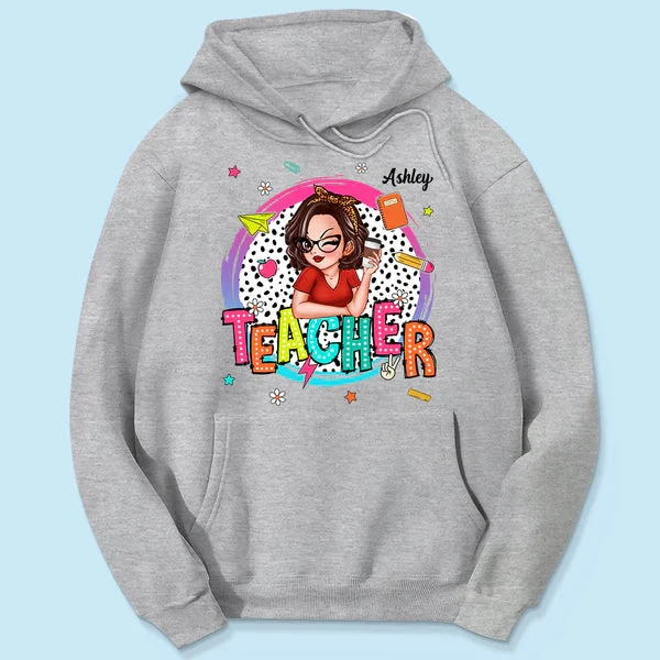 Personalized Classic Tee, Cartoon Teacher With Apple & Pencil, Unique Teacher Gift for Back to School - Image 4