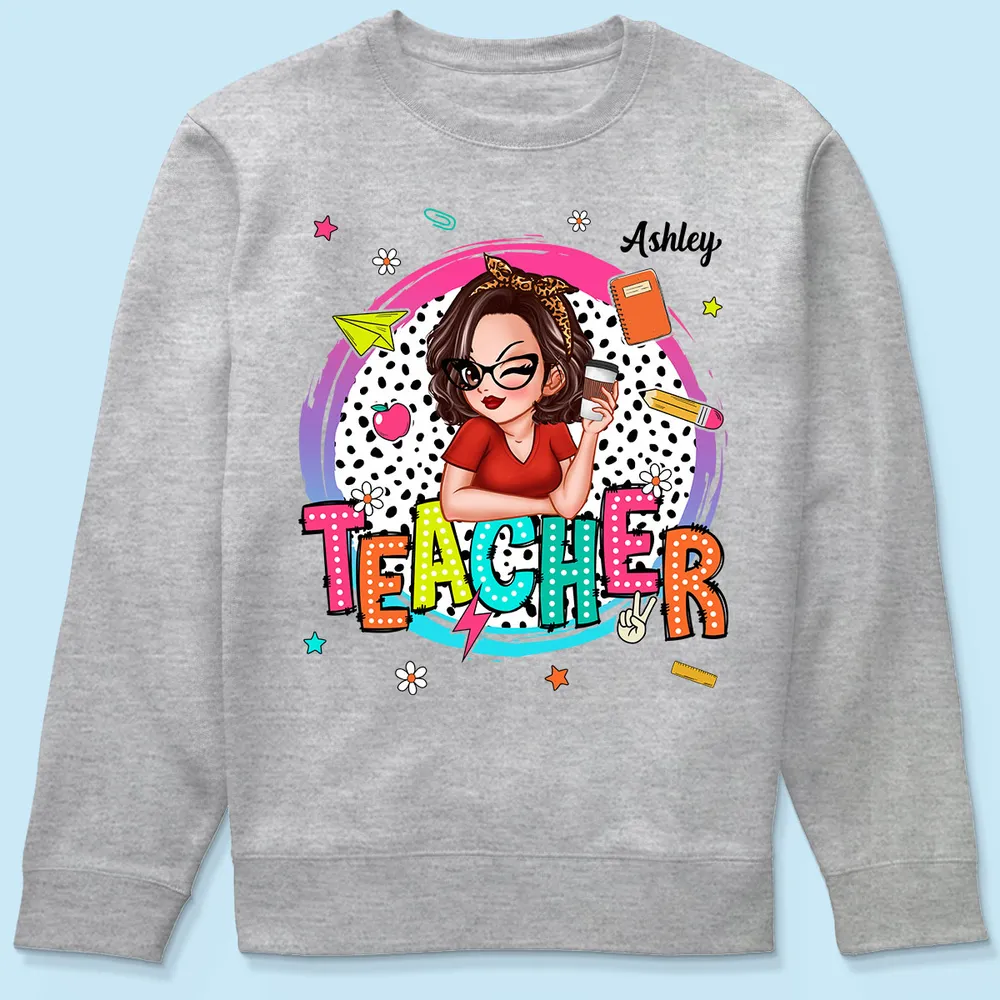 Personalized Classic Tee, Cartoon Teacher With Apple & Pencil, Unique Teacher Gift for Back to School - Image 5