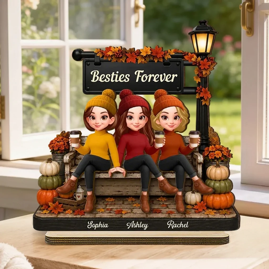 Personalized 2-Layer Wooden Plaque, Fall Lamp Post Friends Scene, Unique Gift For Besties