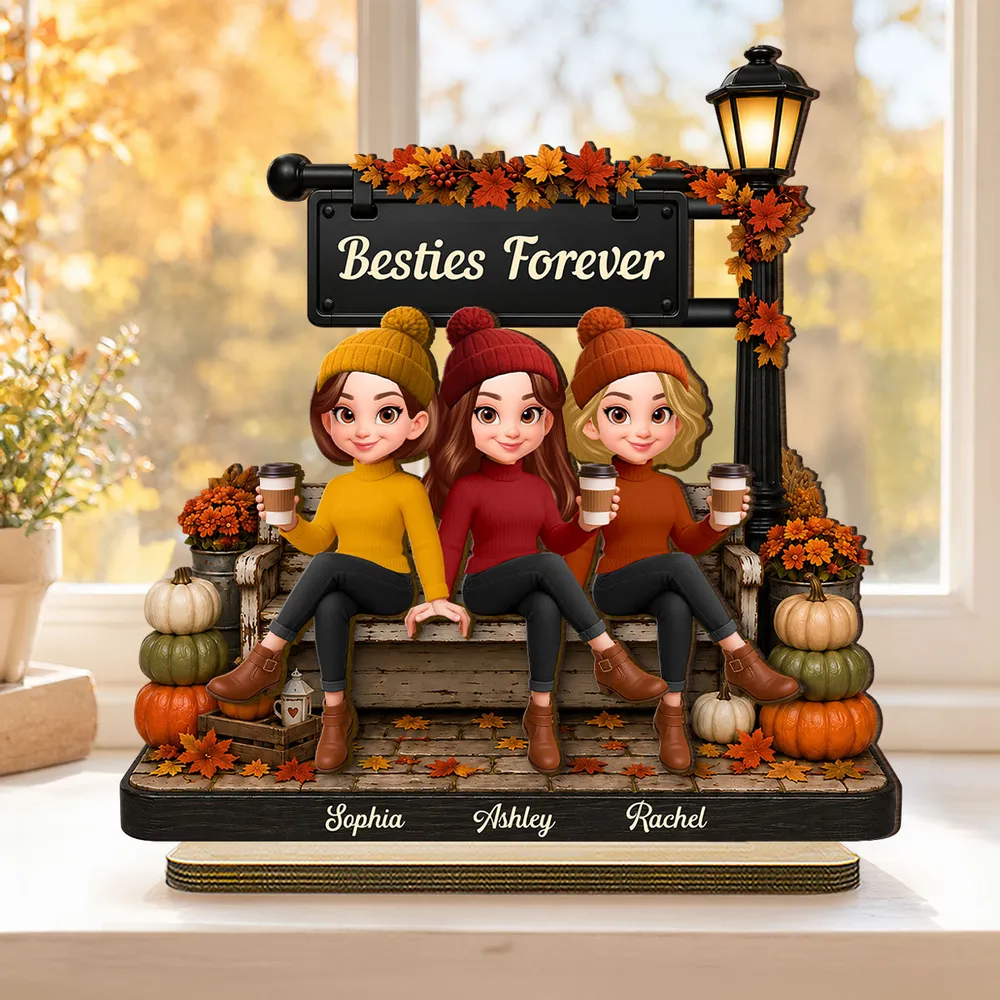 Personalized 2-Layer Wooden Plaque, Fall Lamp Post Friends Scene, Unique Gift For Besties - Image 2