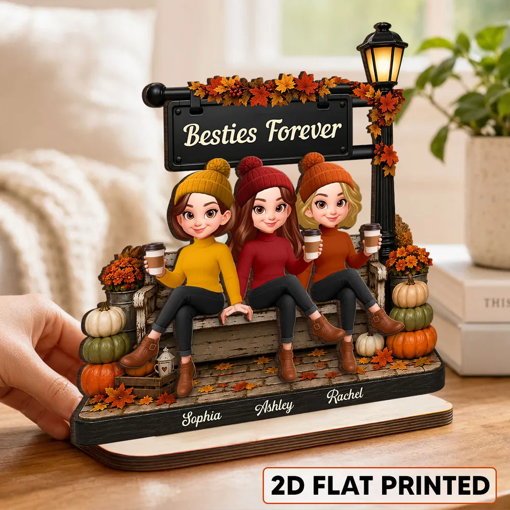 Personalized 2-Layer Wooden Plaque, Fall Lamp Post Friends Scene, Unique Gift For Besties - Image 3